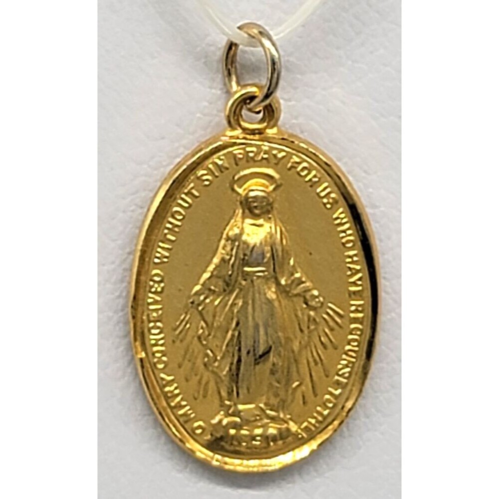 Miraculous Mary Catholic Medal Pendant Tiny Gold Tone Metal Vintage Shiny!